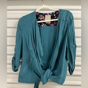 Elevenses Blue Blazer with Open Front and Tie Detail
